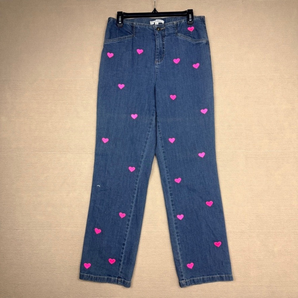 TravelSmith Womens Pink Heart Embroidered Straight Leg Jeans Blue Medium Wash 10